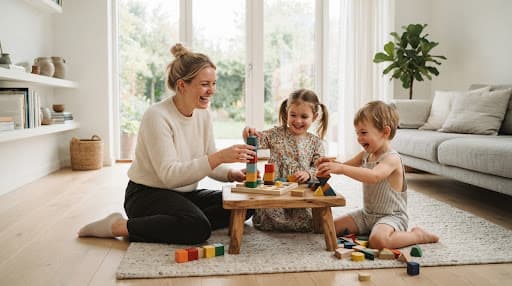 A smiling babysitter building with wooden toy blocks alongside two young children at a low table in a bright living room.